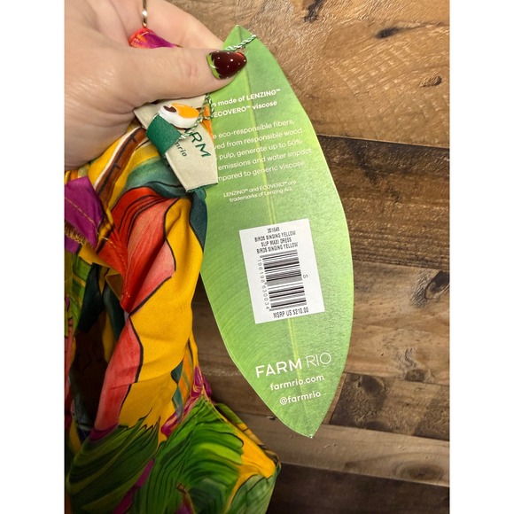 Farm Rio Yellow Tropical Parrot Hibiscus Floral Maxi Dress Small Spaghetti Strap - Picture 8 of 8